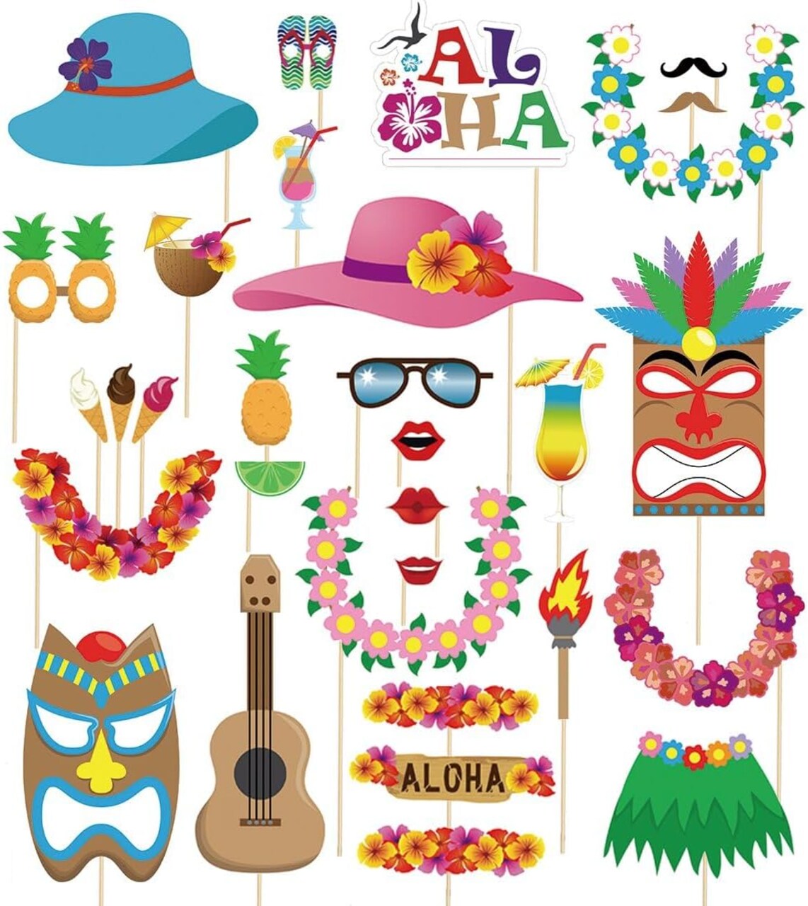 60PCS Luau Photo Booth Props – Hawaiian & Tropical Party Decorations (Assembly Required)
